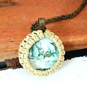 20" Macrame Alice & Wonderland Pendant Necklace, Bronze Chain